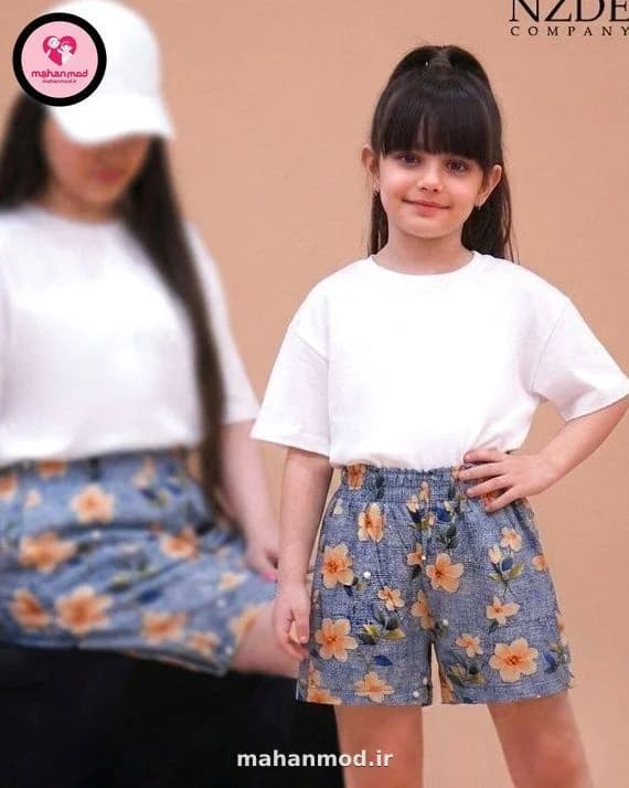 شلوارک ست مادر دختری سه بعدی شکوفه سیب آبی جنس نخی