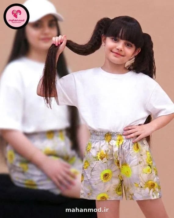 شلوارک ست مادر دختری سه بعدی گل بابونه کرم جنس نخی
