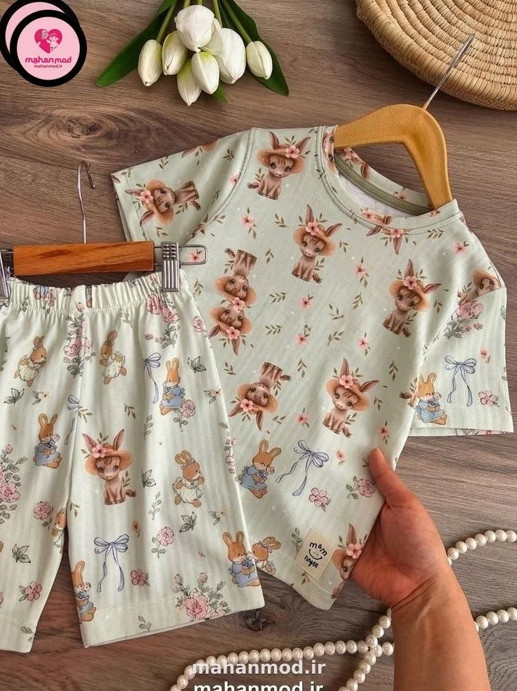 تیشرت شلوارک الاغ دخترانه cute پسته ای جنس پلی استر پنبه