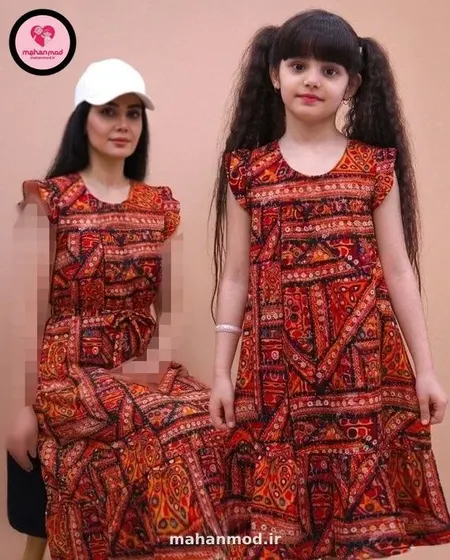 پیراهن ست مادر دختری دکمه سنتی قرمز جنس نخی
