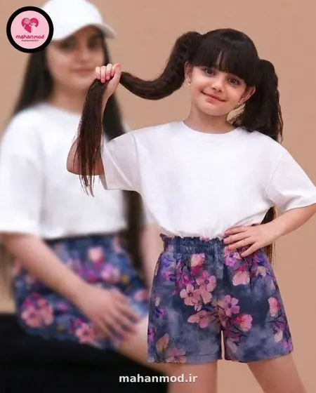 شلوارک ست مادر دختری سه بعدی شکوفه گیلاس دودی جنس نخی