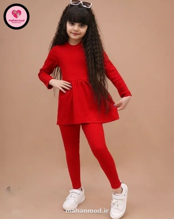 تونیک کمر چین دار دخترانه و لگ جنس کشبافت کبریتی