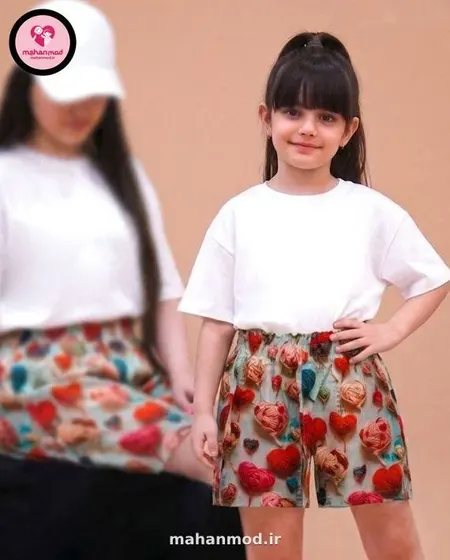 شلوارک ست مادر دختری سه بعدی قلب کاموایی سبز آبی جنس نخی