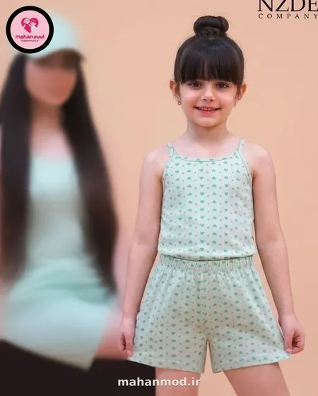 ست مادر دختری تاپ شلوارک قلبی پسته ای جنس سوپر پنبه فول لایکرا