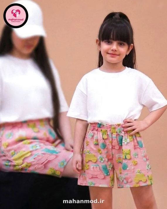 شلوارک ست مادر دختری سه بعدی خرس و ماشین جنس نخی