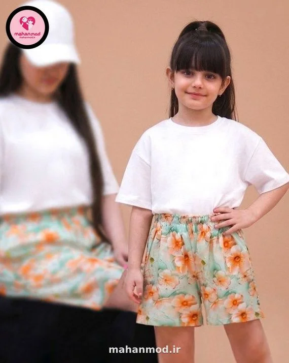 شلوارک ست مادر دختری سه بعدی شکوفه ساکورا سبز آبی جنس نخی