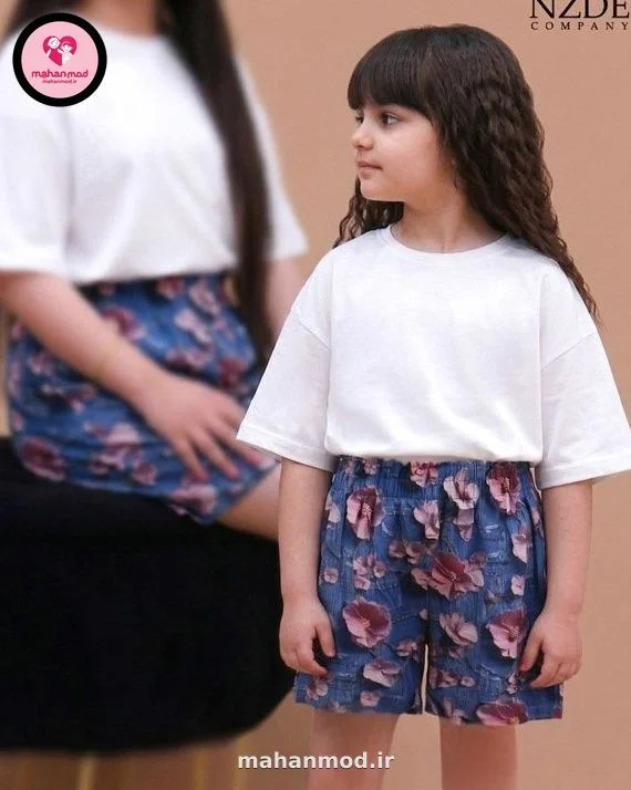 شلوارک ست مادر دختری سه بعدی شکوفه های ختمی آبی جین جنس نخی