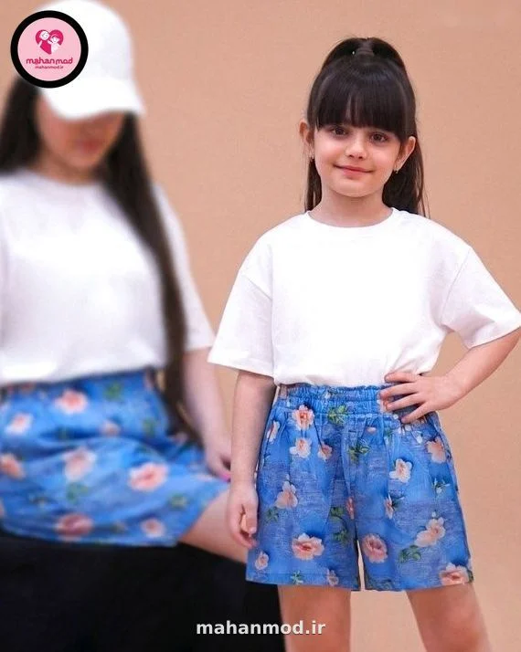 شلوارک ست مادر دختری سه بعدی گل و مروارید جنس نخی
