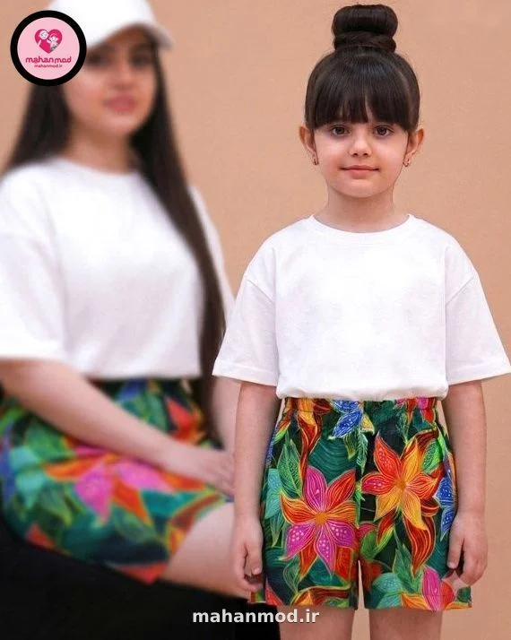 شلوارک ست مادر دختری سه بعدی گل کیهانی جنس نخی